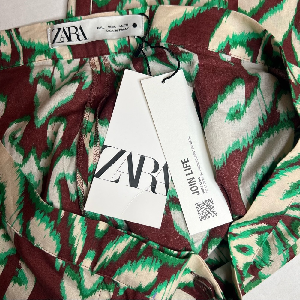 New Zara Selena Cotton Tropical Wide Flare Pant Midrise Green Brown Boho Large - Picture 3 of 10
